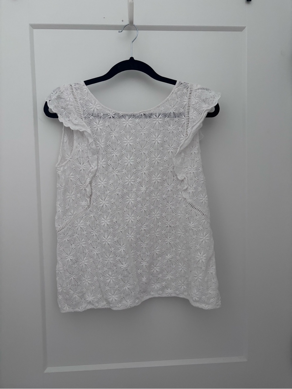 Sezane White Floral Eyelet Flutter-Sleeve Blouse